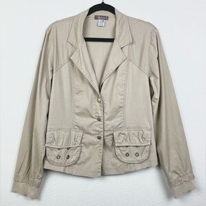 XCVI Women's Large Tan Canvas Snap Front Collared Shirt Jacket Neutral Pockets